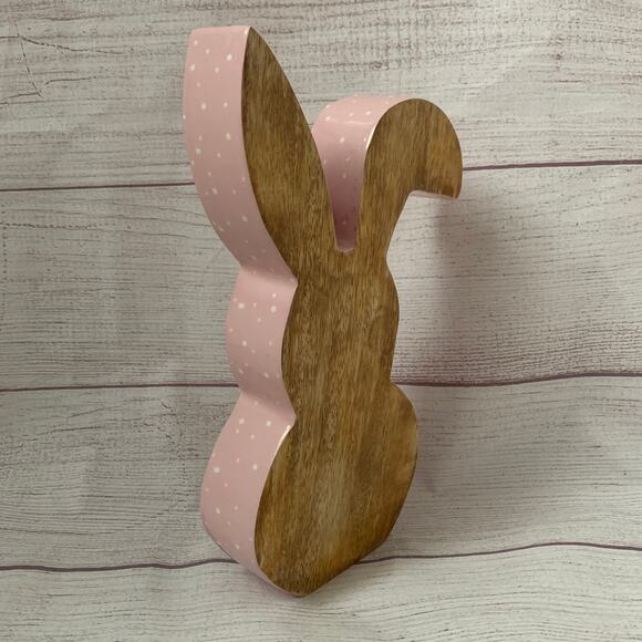 Wooden Easter Bunny Rabbit Figurine with Pink and White Polka Dot Sides 9 3/4"H - Picture 1 of 9